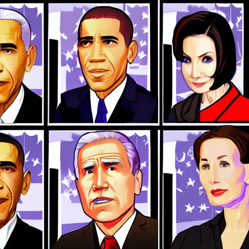 Image similar to gta chinatown wars art style as joe biden, george w bush, nancy pelosi, hot asian babes, obama, on next gta poster, hyperrealistic, rgba colors, remove duplicate content, justify contents center.