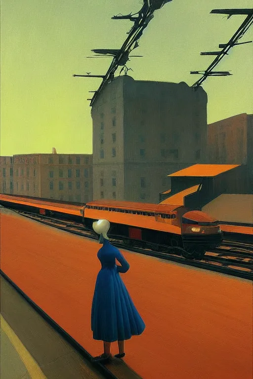 Prompt: woman put the train through her head Edward Hopper and James Gilleard, Zdzislaw Beksisnski, higly detailed