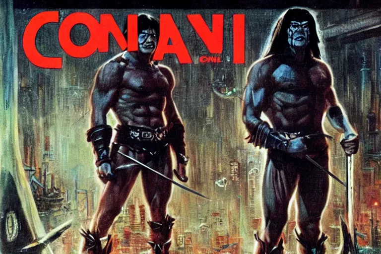 Prompt: 1979 OMNI Magazine Cover of Conan the barbarian as an orc At a Subway station in Neo-Tokyo in cyberpunk style by Vincent Di Fate