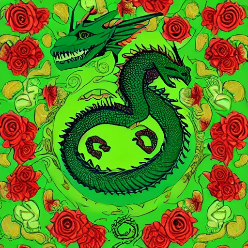 Prompt: rhaegal, green dragon, surrounded by roses in fractal patterns