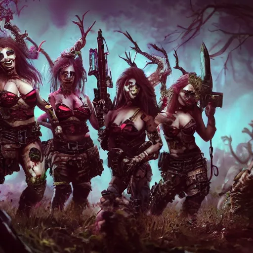 Image similar to squad of beautiful armed zombie girls in army of nurgl warhammer in fantasy forest between a trees, dark fantasy, highly detailed, trending on artstation, Unreal Engine 4k, cinematic wallpaper