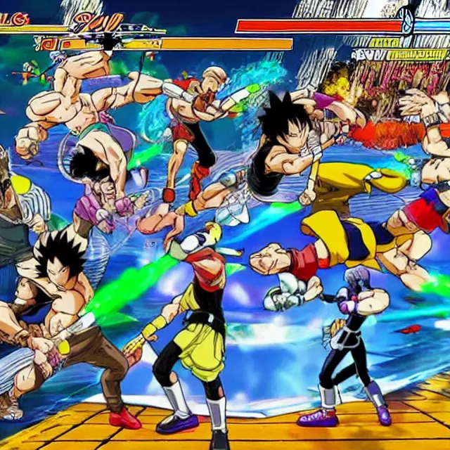 Prompt: a screenshot of gameplay from a 3 d fighting game in the style of akira toriyama in the style of hirohiko araki in the style of tite kubo in the style of masashi kishimoto on the xbox 3 6 0