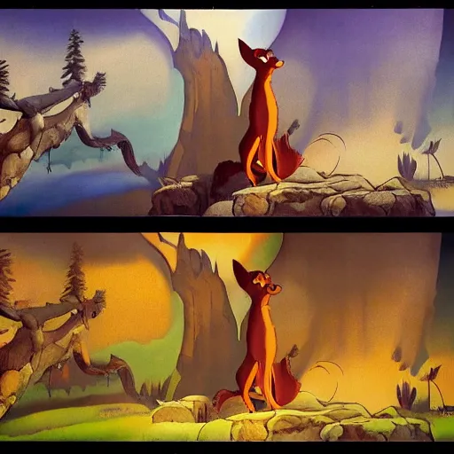 Prompt: environment matte paintings from the fox and the hound ( 1 9 8 1 )