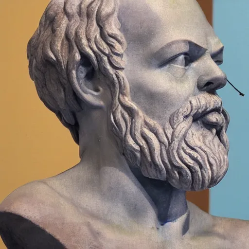 Prompt: a statue of socrates wearing a virtual reality headset, oil painting