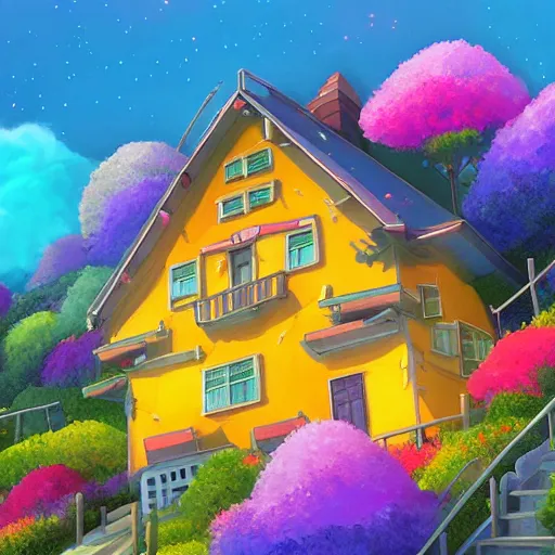 Image similar to beautiful 3 d painting of a colourful house on a hilltop at midnight with small fireflies flying around, in the style of studio ghibli, artstation, unreal engine