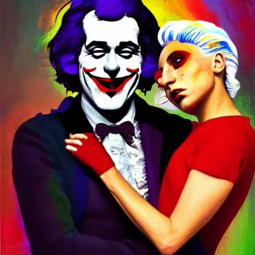 Image similar to ilya yefimovich repin and mimmo rottela and banksy as joaquin phoenix skinny joker!!, holding lady gaga harley queen hand!!, ultra photorealistic, intricate details, pop art style, concept art, confident posse, justify content center, 2 colours, warm color, 4 k, ultra smooth, sharp focus