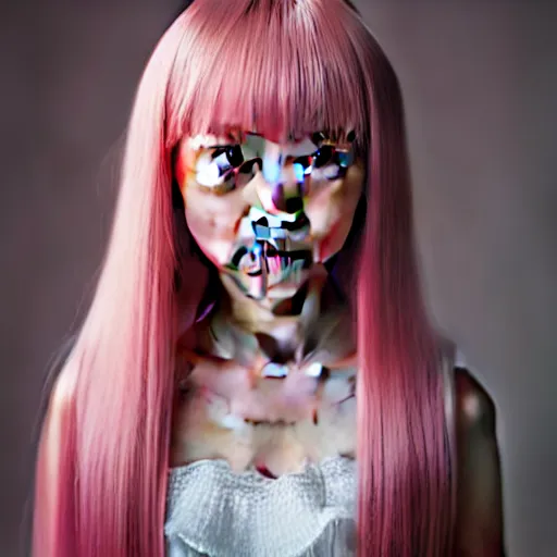 Prompt: nikki from love nikki and shining nikki, a cute petite wholesome doll - like young chinese woman as with pink hair and pink straight bangs, amber eyes, porcelain skin tone, flushed face, small round face, warm smile, medium shot, nikon 5 0 mm, by alessio albi and steve mccurry