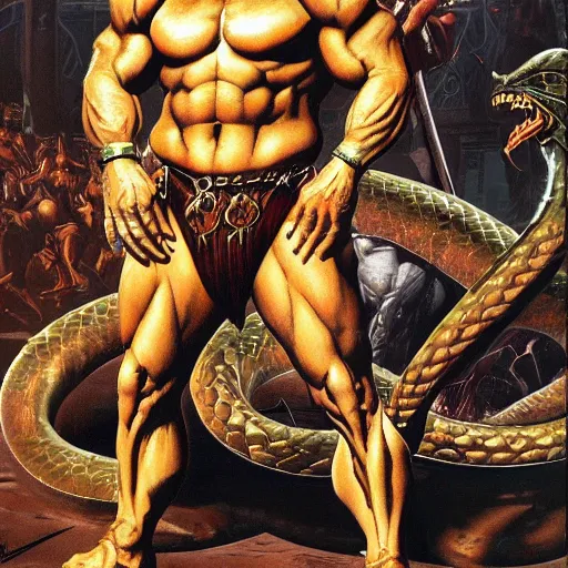 Image similar to serpent - man berlusconi warlord wearing bronze age clothing, bodybuilder snake, anatomical, horrific background symmetrical, zoom out, high quality, high definition, 8 k, photograph photorealistic by frank frazetta