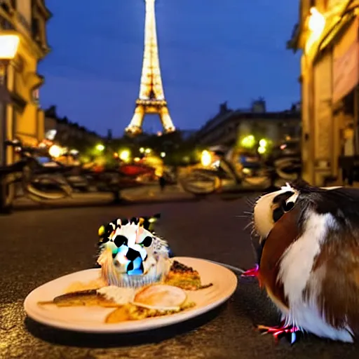 Prompt: two guinea pigs having dinner outside a cafe in Paris in the evening, the eiffel tower is visible in the background