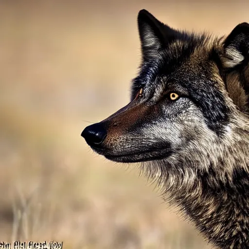 Image similar to black wolf in an australian desert, gold colored eyes, 4 0 0 mm photograph