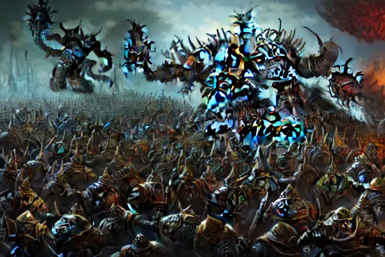 Prompt: an intricately detailed, ultra realistic, unreal engine 5, rendering of chaos champion, promotional illustration, nurgle battle, warhammer 4 0 k, fighting a large crowd of space marines, pestilence army, warlord _ and _ his _ sword _ fight