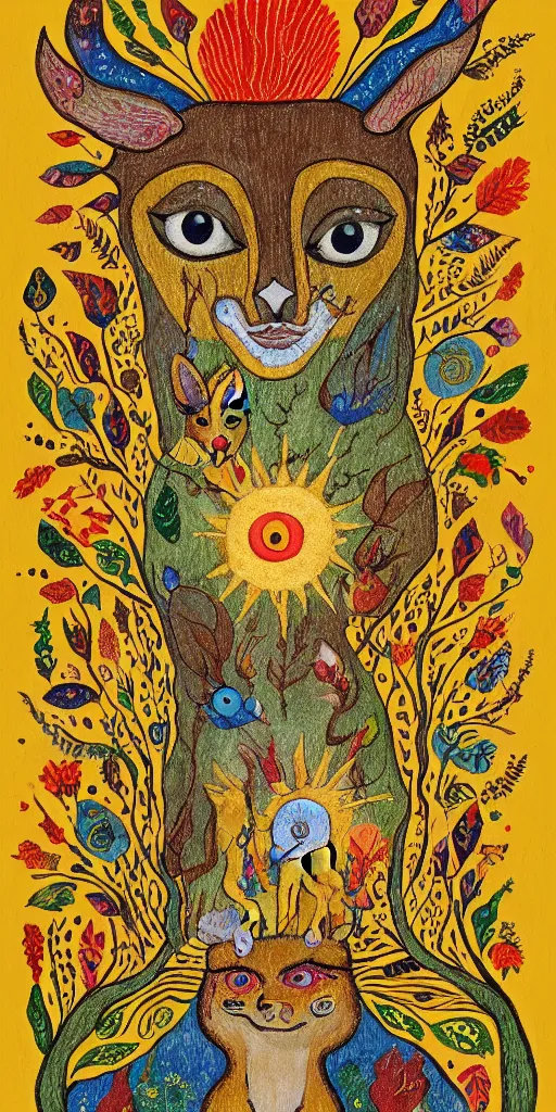 Image similar to tiny golden deer glowing eyes and sun ray mane holding lit matches and singing, children's book illustration, traditional folk art style, gouache on paper, outsider art, David Palladini, Mu Pan, Carson Ellis, Julia Sarda, tarot card, Henry Darger, Louis Wain