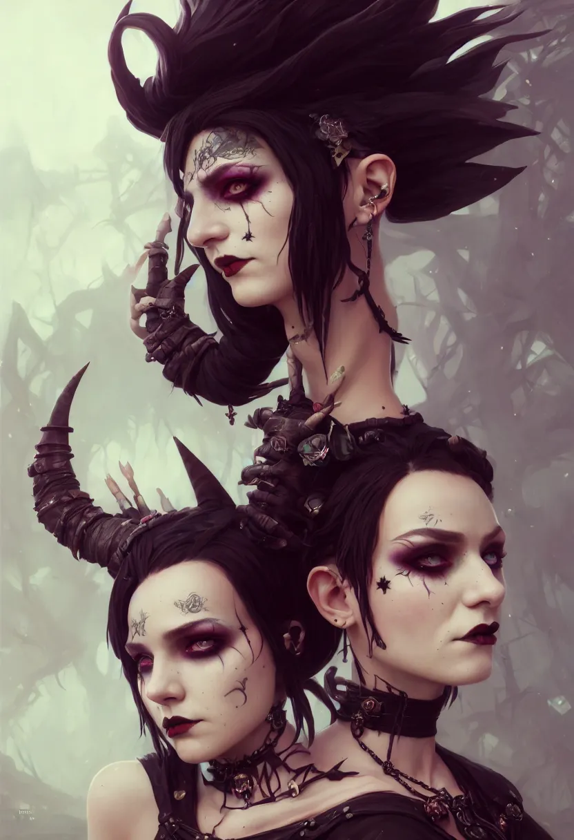 Image similar to beautiful extreme closeup portrait, goth girl, piercings collar, mohawk hairstyle, medieval dress. witch, makeup. unreal engine, greg rutkowski, loish, rhads, beeple, tom bagshaw, alphonse mucha, global illumination, detailed and intricate environment