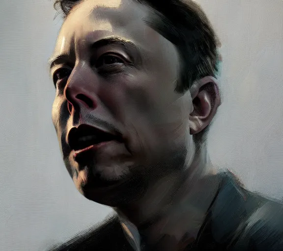 Image similar to a hyper-detailed portrait of Elon Musk by Craig Mullins; oil on canvas; trending on artstation; 90mm; f/1.4