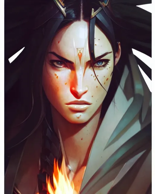 Image similar to azctec warrior, megan fox, detailed perfect face, exquisite details, fire magic, mid view, design on a white background, by studio muti, greg rutkowski makoto shinkai takashi takeuchi studio ghibli