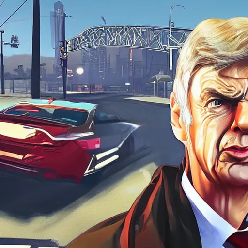 Prompt: Arsene Wenger in GTA V, cover art by Stephen Bliss, artstation,