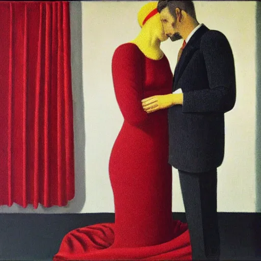 Image similar to a woman in a red dress kissing a man in a suit with both of them having a blanket completely covering their heads, rene magritte style