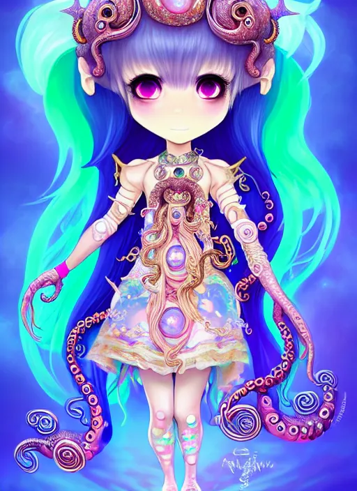 Prompt: A full body shot of a cute young magical girl wearing an ornate dress made of opals and tentacles. Chibi Monster GIrl. Subsurface Scattering. Dynamic Pose. Translucent Skin. Rainbow palette. defined facial features, symmetrical facial features. Opalescent surface. Soft Lighting. beautiful lighting. By Giger and Ruan Jia and Artgerm and WLOP and William-Adolphe Bouguereau. Photo real. Hyper-real. Fantasy Illustration. Sailor Moon hair. Masterpiece. trending on artstation, featured on pixiv, award winning, cinematic composition, dramatic pose, sharp, details, Hyper-detailed, HD, HDR, 4K, 8K.