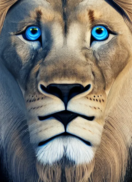 Image similar to a close up of a lion's face with blue eyes, an album cover by jacob toorenvliet, featured on behance, cubo - futurism, rendered in cinema 4 d, sketchfab, rendered in maya