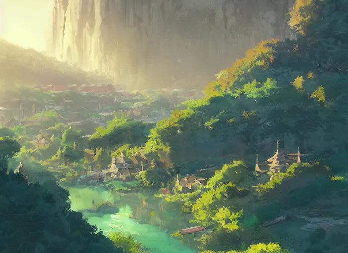 Image similar to concept art painting of a distant small woodland village by a river in a mountain valley seen from above, early morning, european japanese buildings, cel shaded, realistic, by makoto shinkai and moebius and anton fadeev and greg rutkowski and james gurney