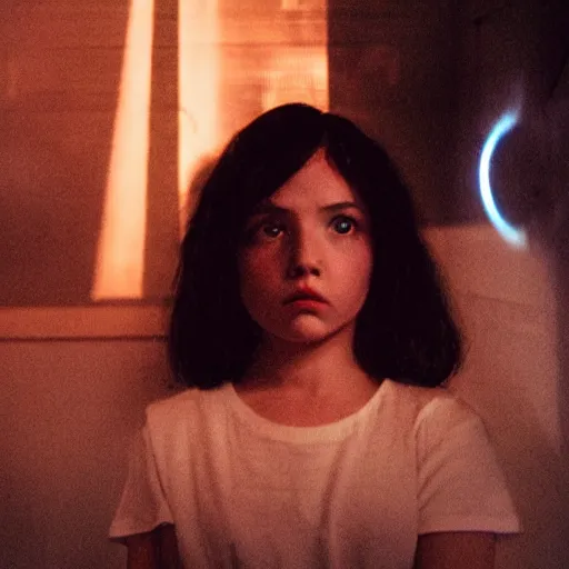 Image similar to movie still of a girl with third eye, cinematic composition, cinematic light, by edgar wright and david lynch