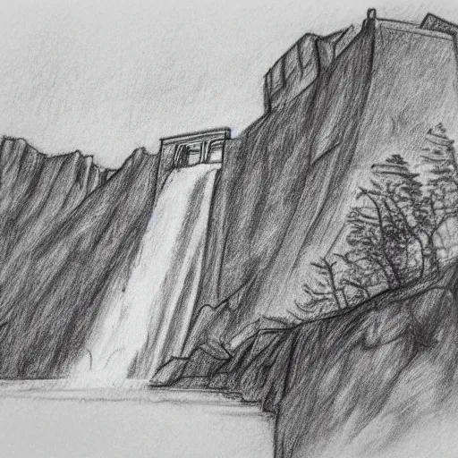 Prompt: a pencil sketch of a historic building with a waterfall nearby