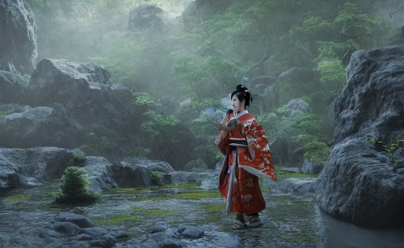 Image similar to highly detailed 3 d render of native japanese geisha warrior standing in wet japanese courtyard from sengoku period, surrounded by dense rock formations, high in mountains, blue night, cinematic lighting, photobash, raytracing, high contrast