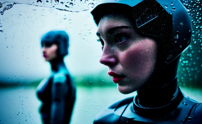 Image similar to cinestill 5 0 d candid action photographic portrait by stanley kubrick of two loving female androids wearing rugged black mesh techwear in treacherous waters, extreme closeup, modern cyberpunk retrofuturism moody emotional cinematic, pouring iridescent rain, 8 k, hd, high resolution, 3 5 mm, f / 3 2, motion blur, ultra realistic faces, ex machina