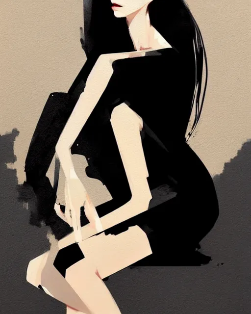 Prompt: a ultradetailed beautiful portrait panting of a stylish woman in a black dress sitting, by conrad roset, greg rutkowski and makoto shinkai trending on artstation