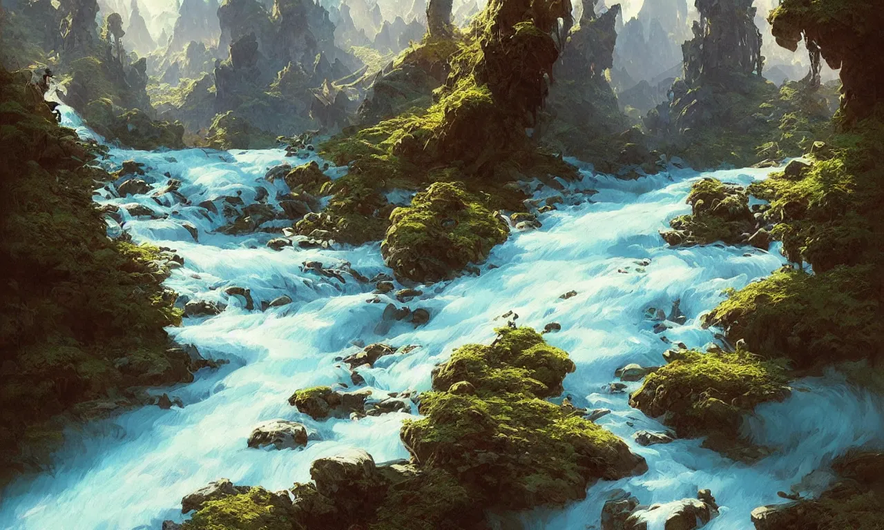 Image similar to Mountain river flows through a fantasy landscape gorge. A big blue lake in the middle of the mountains. Fabulous nature, amazing seascape, highly detailed, digital painting, artstation, concept art, smooth, sharp focus, illustration, art by greg rutkowski and alphonse mucha