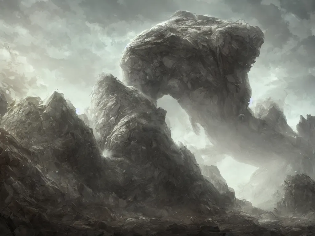 Prompt: a colossal stone giant crumbling to the ground and swept away by wind, digital painting, trending on artstation, deviantart, 8k, epic composition, intrinsic details, perfect coherence