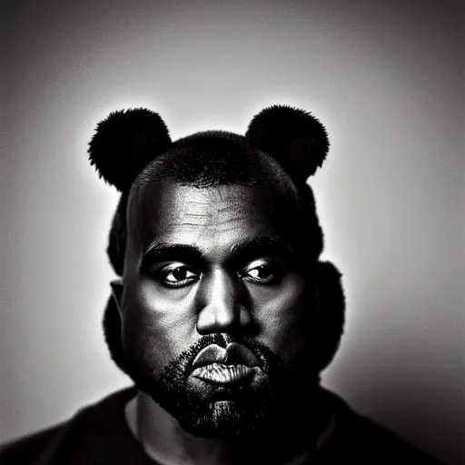 Image similar to a ( ( chiaroscuro lighting portrait ) ) of kanye west ( ( ( dressed as teddy bear mascot ) ) ), black background, portrait by julia margaret cameron, shallow depth of field, 8 0 mm, f 1. 8