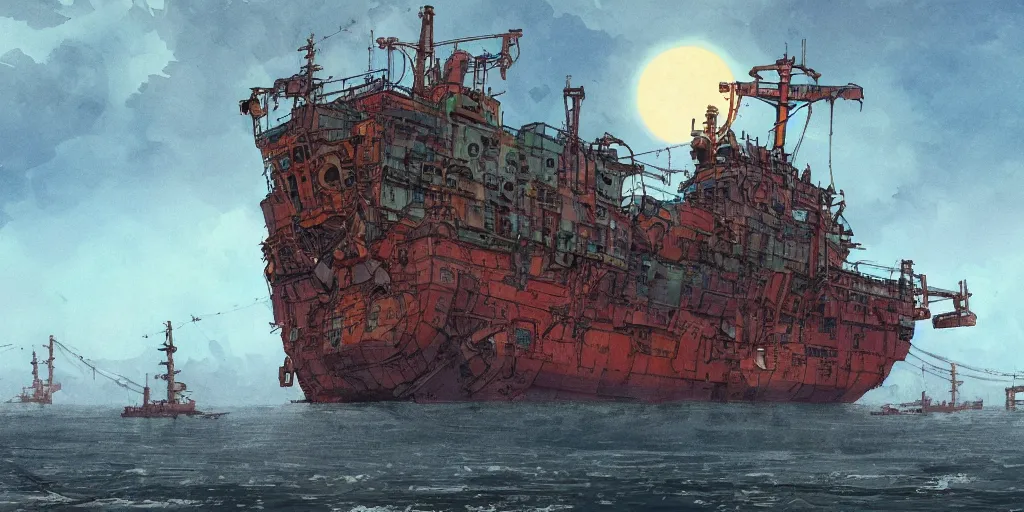 Prompt: a film still of a gigantic rusty metal shipping vessel from Tekkonkinkreet by Ian McQue , bits of broken light, vibrant, 50mm lens, video game character design, 2d game lineart behance hd, dramatic lighting, sunrise, global illumination, trending on Artstation, bloom