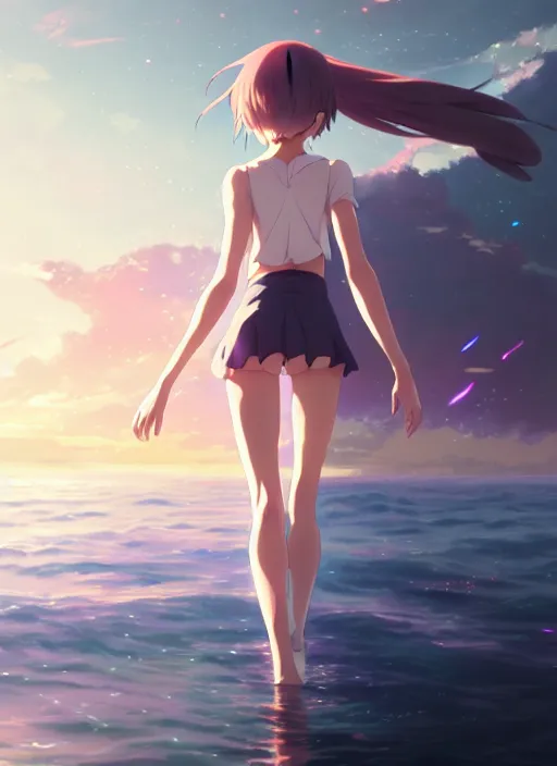 Prompt: anatomically correct anime girl walking on water, ripples, backdrop of dawn, saturn in the background, illustration, concept art, anime, key visual, trending pixiv fanbox by wlop and greg rutkowski and makoto shinkai and studio ghibli