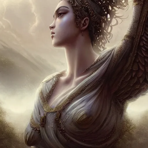Prompt: A digital masterpiece illustration concept art of a giant statue of a very beautiful Greek Goddess, beautiful eyes, symmetrical face, symmetrical body with its top in the heaven, taiga landscape + inspired art by by WLOP + Extremely detailed and intricate complexity + epic composition, magical atmosphere, cinematic lighting + wide long shot, wide angle + trending on artstation + 8k