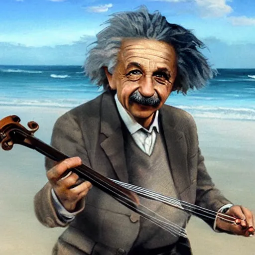 Prompt: albert einstein on tropical beach playing violin by greg rutkowski hyper realistic award winning