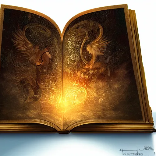 Prompt: light falling on a mythical book in dark background, artstation