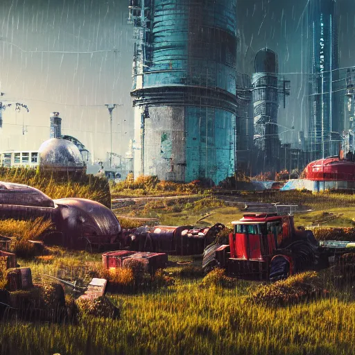 Prompt: fully detailed landscape of a cyberpunk farm , watertank, futuristic tractors, farmhouse, mushroom, overgrowth, Ai , cinematic lightening, in the future, high quality, 8k , octane render, trending on artstation , greg rutowski