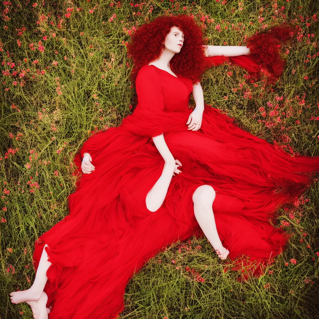 Image similar to a portrait photography of one beautiful woman with red long curly hair and full body dress in red by Flora Borsi, sitting in a spring garden, soft 4sunset lighting, pastel colors scheme, fine art photography, dramatic backgroung, 50 mm sigma art