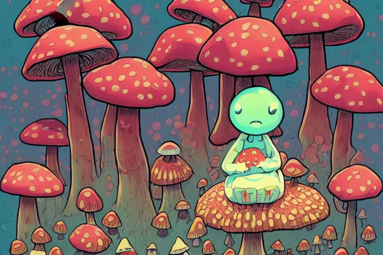 Prompt: cell shaded cartoon of a sad cute mushroom patchwork doll sitting alone in a crowd of mushrooms, loud colors, post grunge, concept art by by sydney prior hall and james jean, victo ngai, david rubin, mike mignola, laurie greasley, highly detailed, sharp focus, hq, deviantart, art by artgem