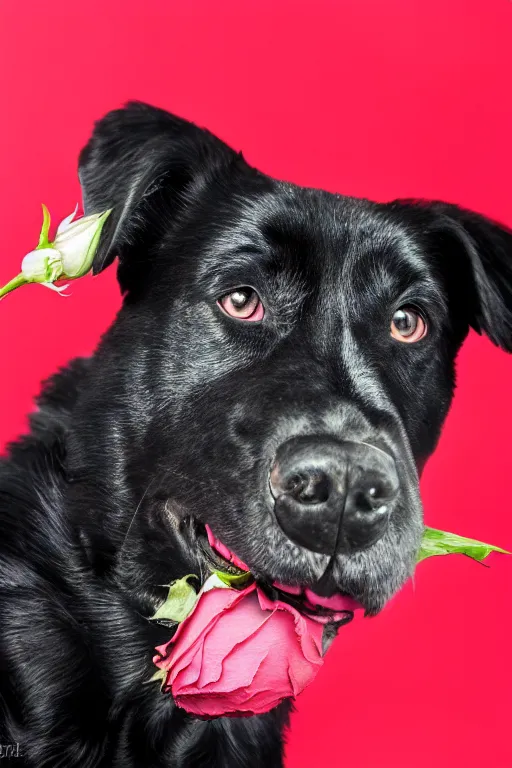 Prompt: black dog holding rose in his mouth, bright green eyes, studio lighting, 4 k, realistic, chromatic abberation, global illumination