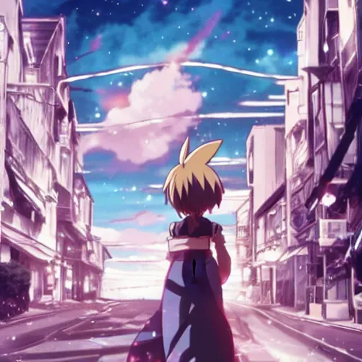 Image similar to screenshot from an anime about eevee wearing wizard robes and wandering an empty street alone, anime, 8 0 s, vhs, vhs effects, art by yuji ikehata