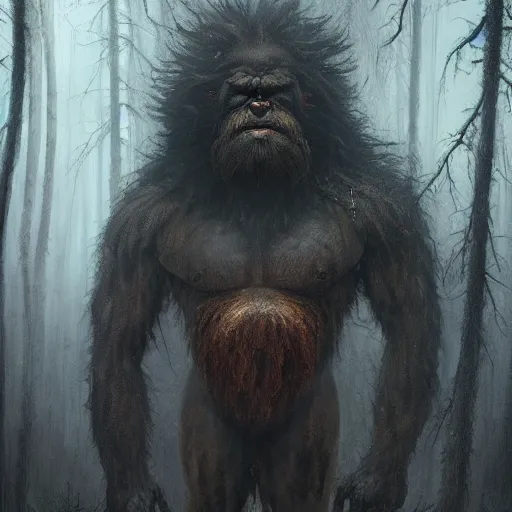 Prompt: Dark fantasy Painting of a huge muscular hairy bigfoot creature lurking in the misty forest, gloomy, full body, disgusting, creepy, unsettling, horror, intricate, wild, highly detailed, digital painting, artstation, concept art, smooth, sharp focus, illustration, art by artgerm and greg rutkowski and alphonse mucha
