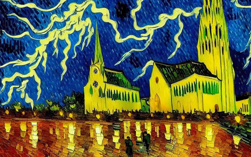 Image similar to expressionist oil painting by van gogh of lightning storm over a tall gothic church, landscape painting, expressionism, 8 k resolution, small brushstrokes, watercolor palette