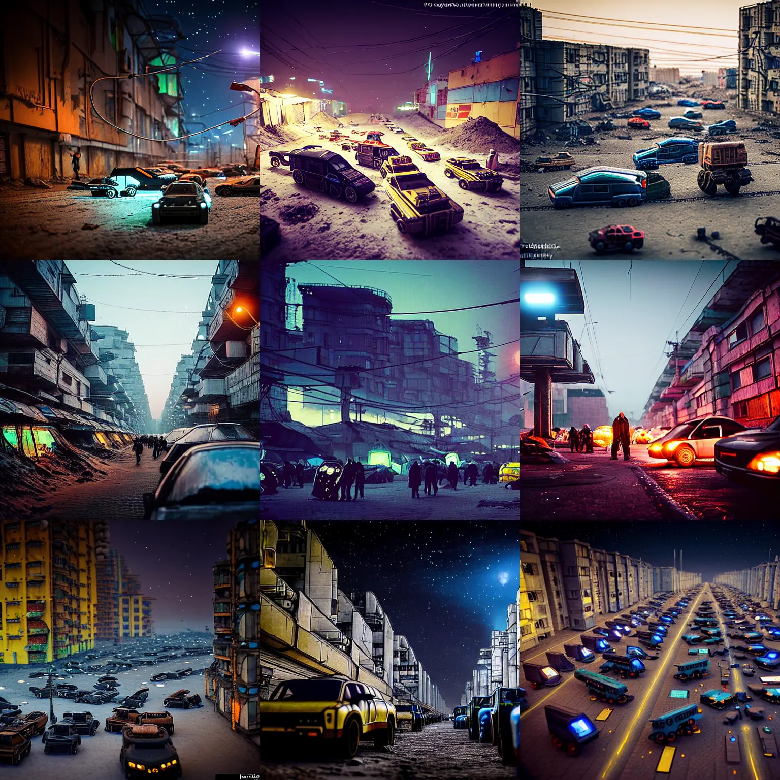Prompt: hundreds of plasmacraft vehicles on the street in a Russian cyberpunk slum city called Neo Norilsk on the Moon, at night, diverse, lively, black sky full of stars, blinding sun, sci-fi, lots of flying cars, levitation, cyberpunk outfits, photorealistic, grainy, 35mm, intricate, very very beautiful, elegant, smooth, cinematic, Unreal Engine 5, trending on Artstation HD