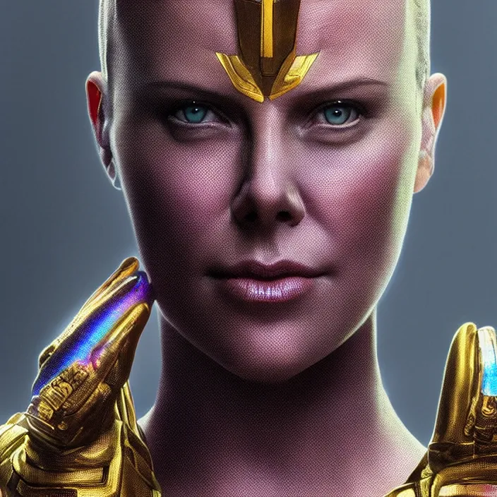 Prompt: ((The Infinity Gauntlet)), Charlize Theron, intricate artwork. octane render, trending on artstation, very coherent symmetrical artwork. thanos. cinematic, hyper realism, high detail, octane render, 8k, iridescent accents