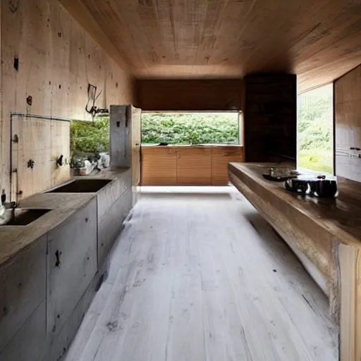 Image similar to “extravagant luxury modern rustic kitchen interior design, by Tadao Ando and Koichi Takada, Japanese and Scandinavian design, flowers, wooden floor”