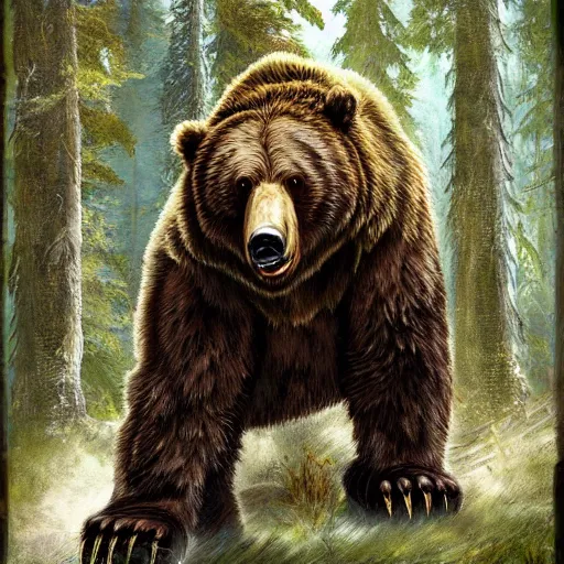 Image similar to one ferocious giant grizzly bear monster with 4 arms in a forest, fantasy concept art, by greg rutowski, detailed, epic pose