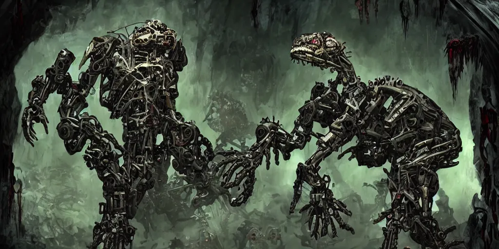 Image similar to bio zombi mecha cyborg lizard troll fearful 5 3 8 4 8 and dangerous creature in a sinister dark cave.