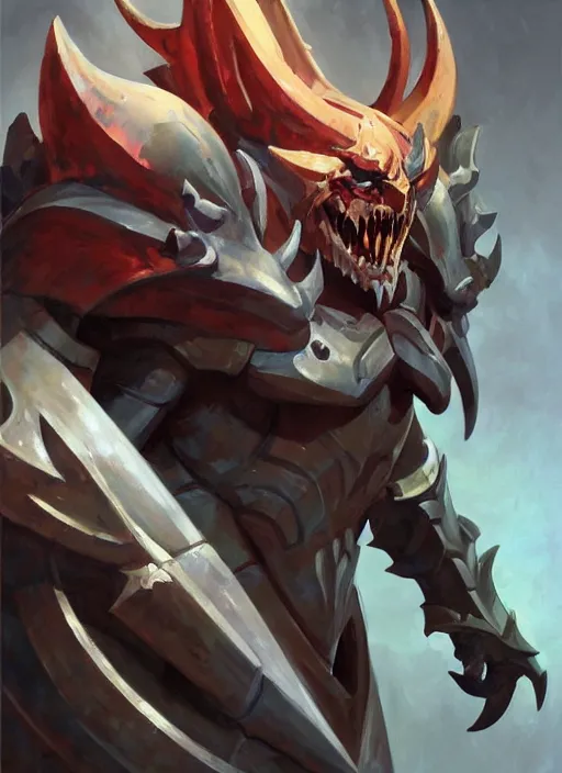 Image similar to Greg Manchess portrait painting of a demonic, devil armored character from league of legends, full shot, asymmetrical, profile picture, Organic Painting, sunny day, Matte Painting, bold shapes, hard edges, street art, cybernetic, metalic, robotic, trending on artstation, by Huang Guangjian and Gil Elvgren and Sachin Teng